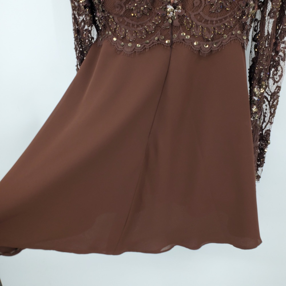 Jour Et Nuit Jackie Bernard Brown Beaded Lace Georgette Mock Neck Dress 4 Formal - Picture 10 of 10